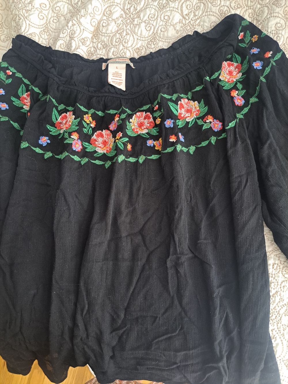 Flying Tomato Black Off-Shoulder Top with Red Floral Embroidery